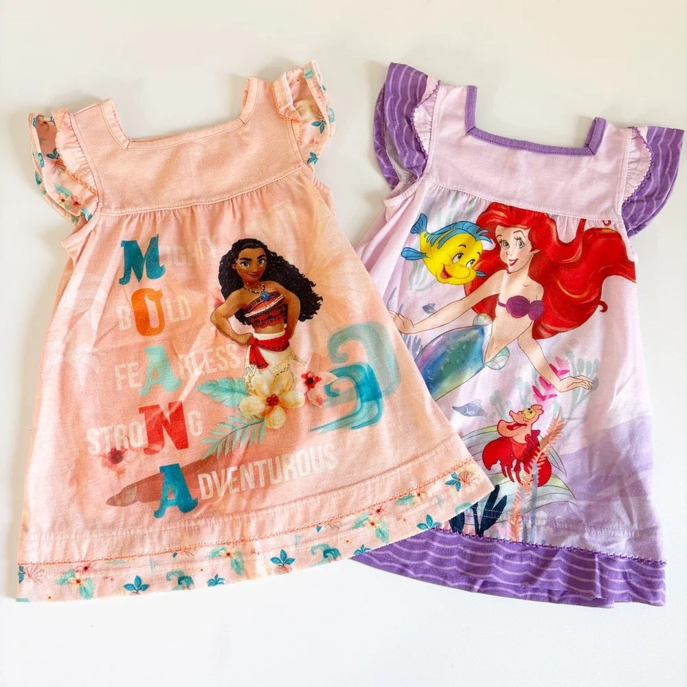 Disney Girls Moana Ariel Little Mermaid Flutter Sleeve Graphic Nightgowns Size 2